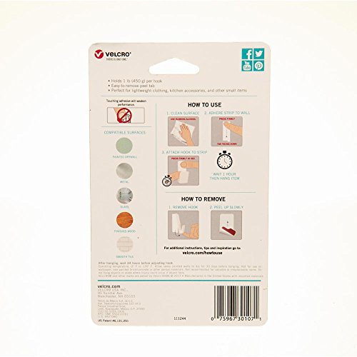 VELCRO Brand "HANG"ables Removable Wall Hooks Small, Holds 1 lb., White, 4-Pack