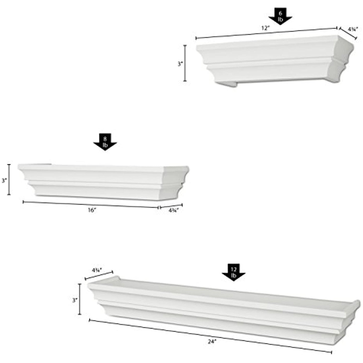 Ballucci Victorian Wall Ledge and Shelf, 12", 16", 24", Set of 3, White