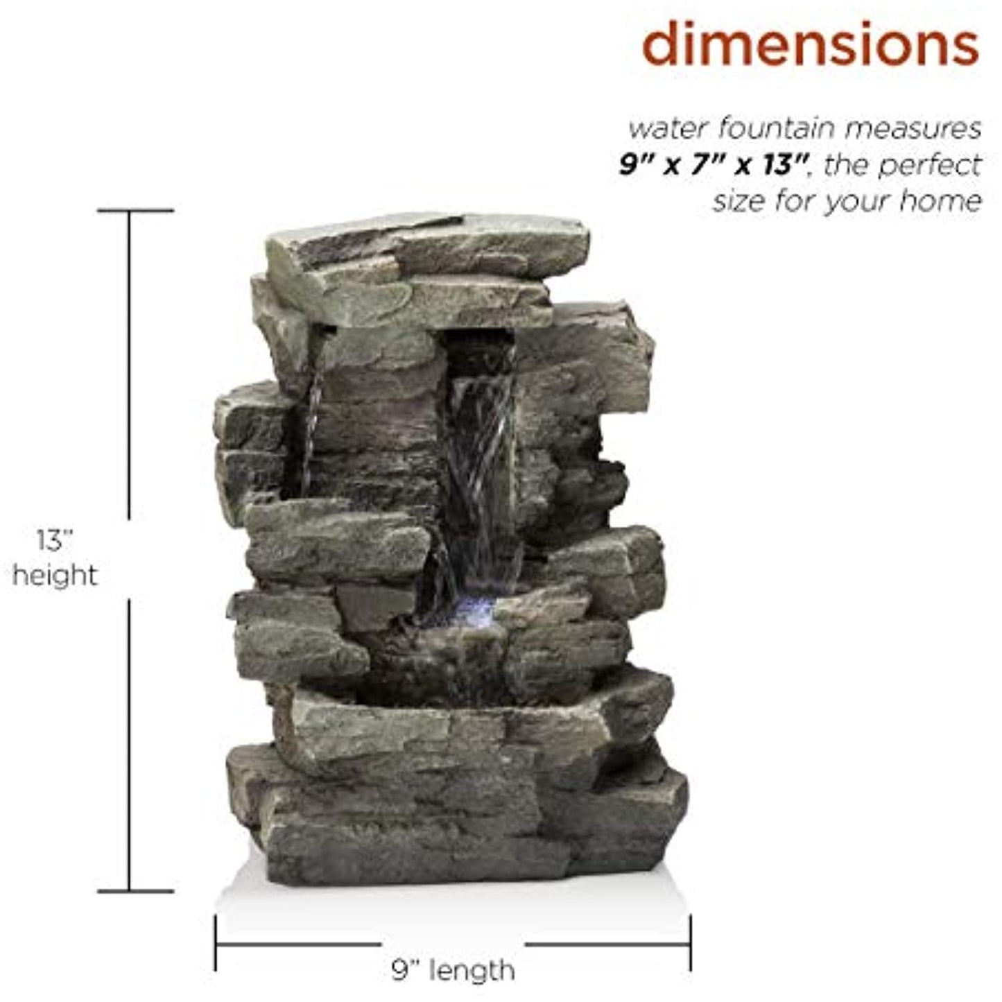 Alpine Cascading Tabletop Fountain with LED Lights- 13" Tall- Dark Grey open box
