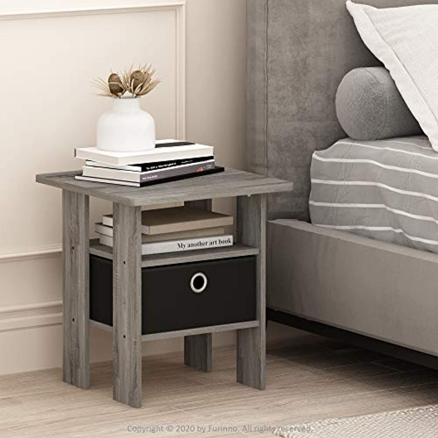 Furinno 11157 End Table Nightstand with Bin Drawer, French Oak Grey- OPEN BOX