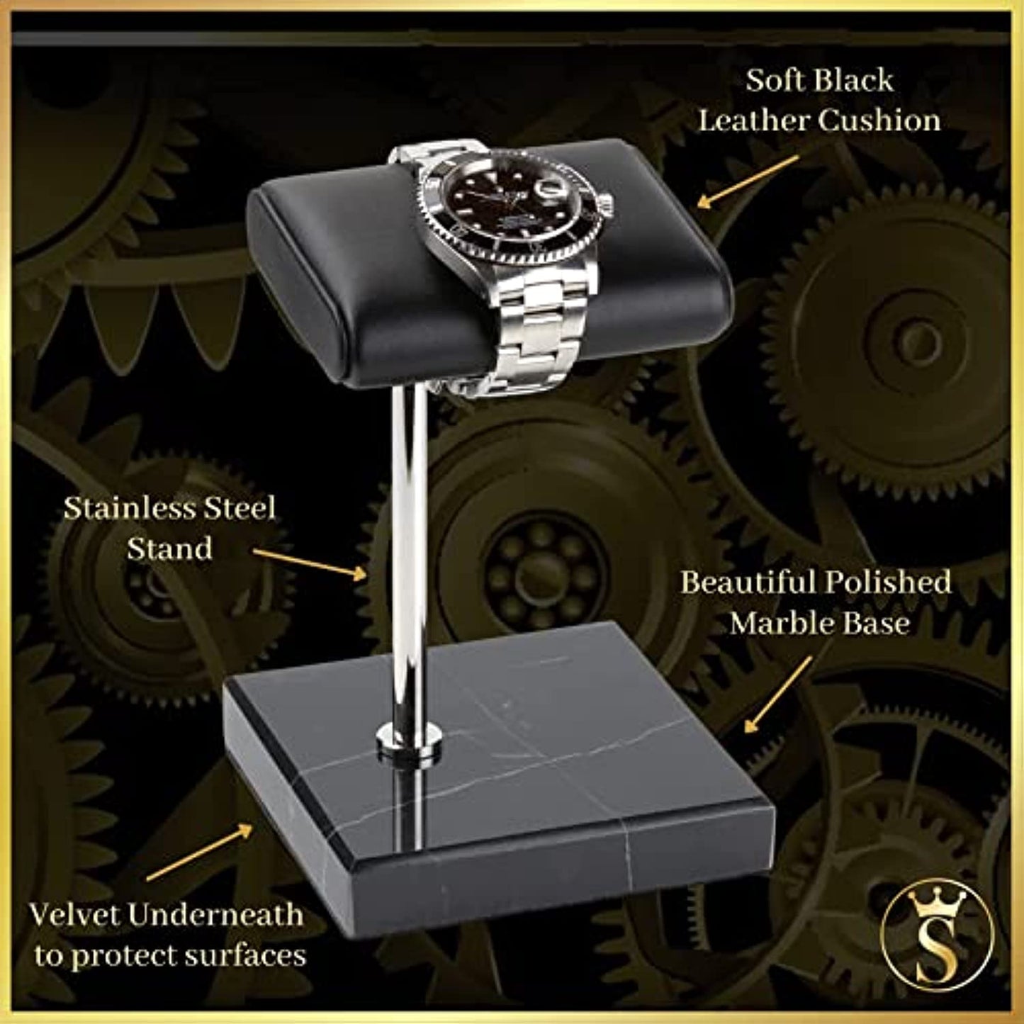 Watch Stand - Black Leather & Marble Watch Stand with Gift Box