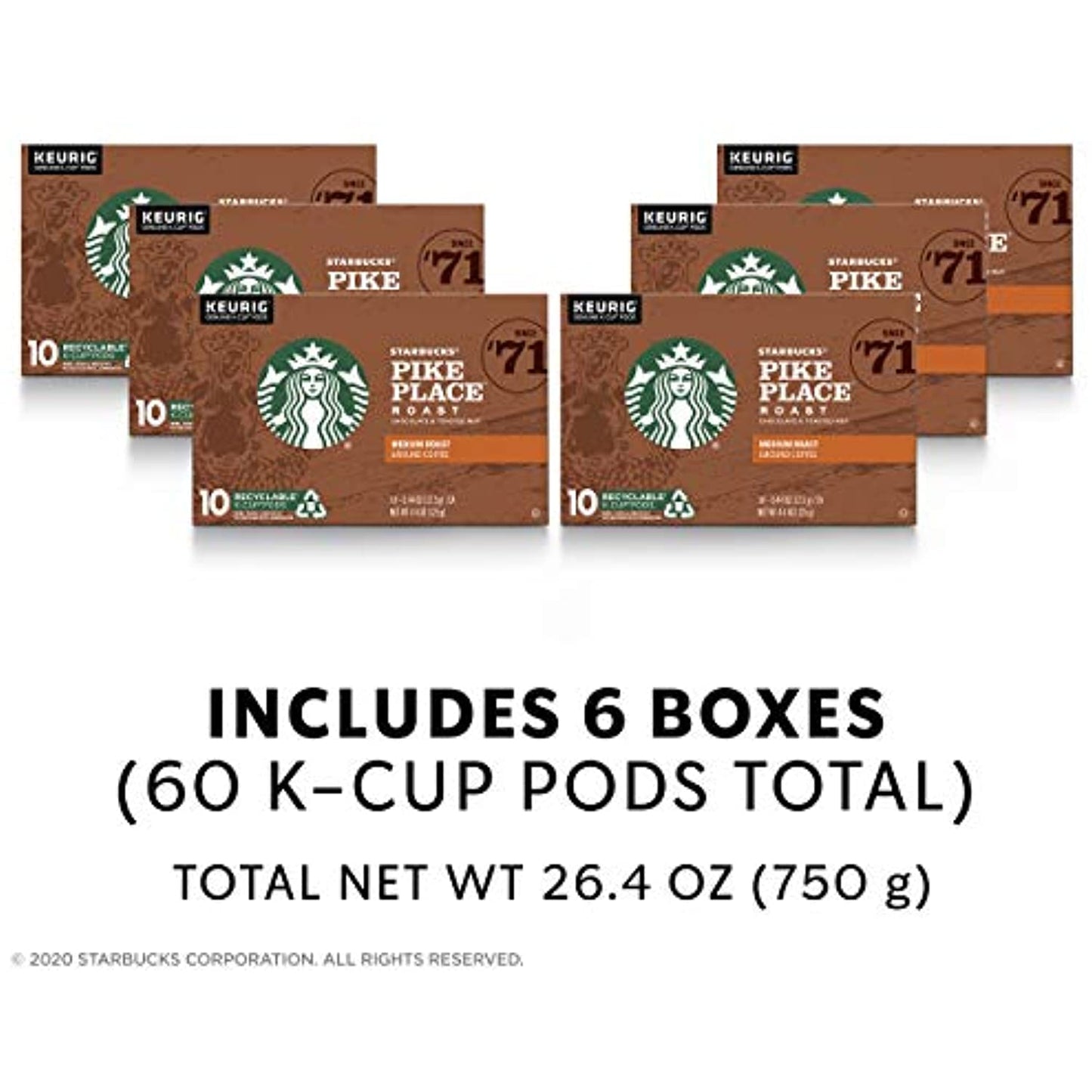 Starbucks Medium Roast K-Cup Coffee Pods Pike Place Roast for Keurig Brewers 6 boxes (60 pods total)