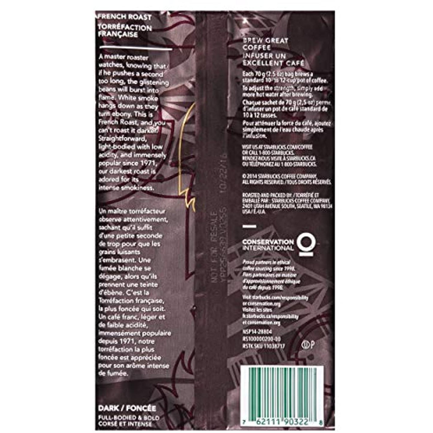 Starbucks French Roast 72 Individually Wrapped Packs of 2.5 oz. Best By 7/2020