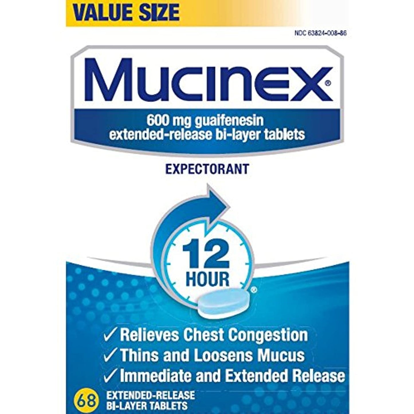 3 PK Mucinex Value Size ~ 12 HR ~ 600 MG Guaifenesin Expectorant ~ 68 TABS EA