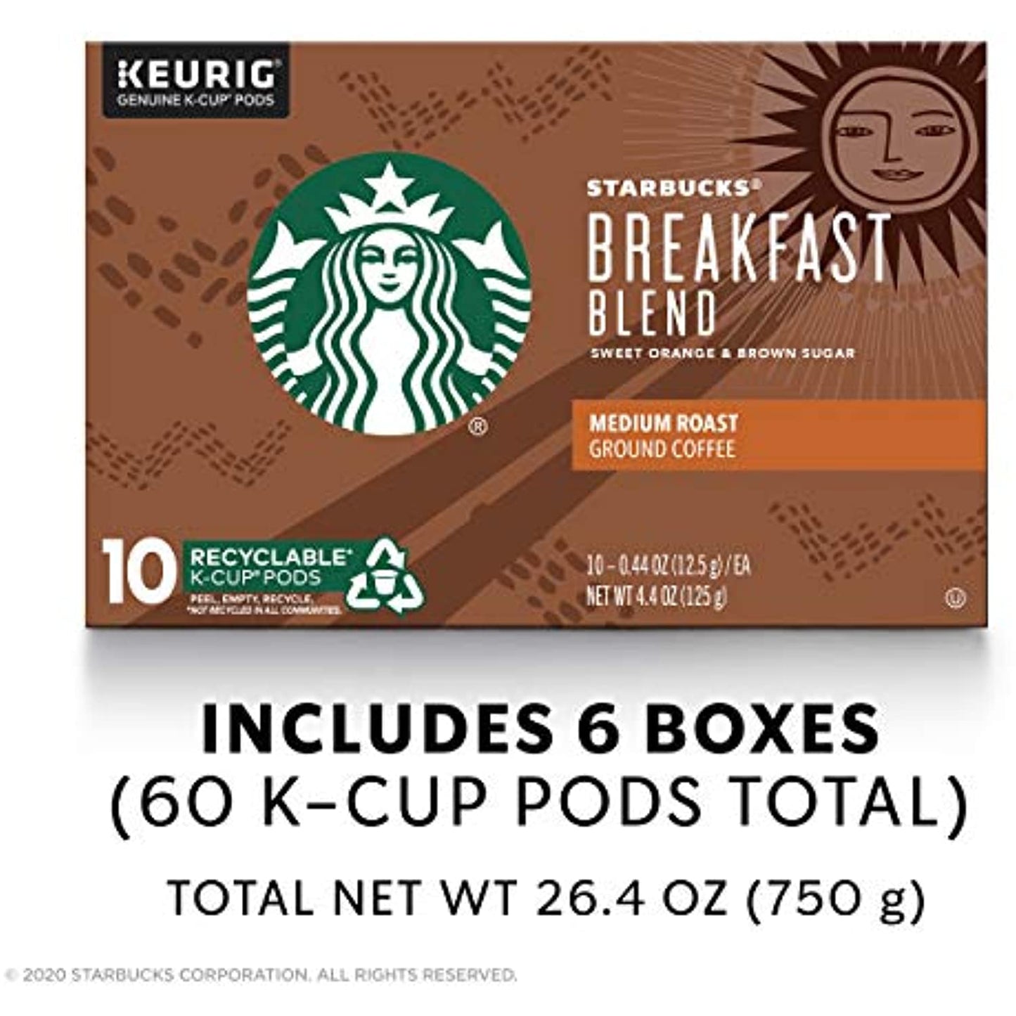 Starbucks Medium Roast K-Cup Coffee Pods Breakfast Blend for Keurig Brewers 6 boxes (60 pods total)