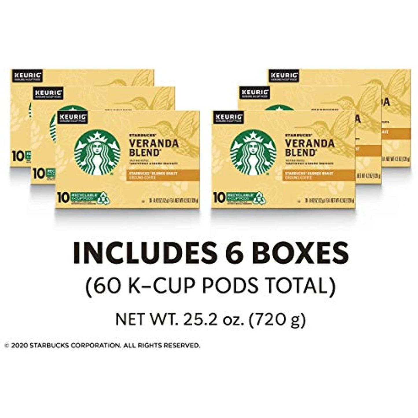 Starbucks Blonde Roast K-Cup Coffee Pods Veranda Blend for Keurig Brewers 6 boxes (60 pods total)