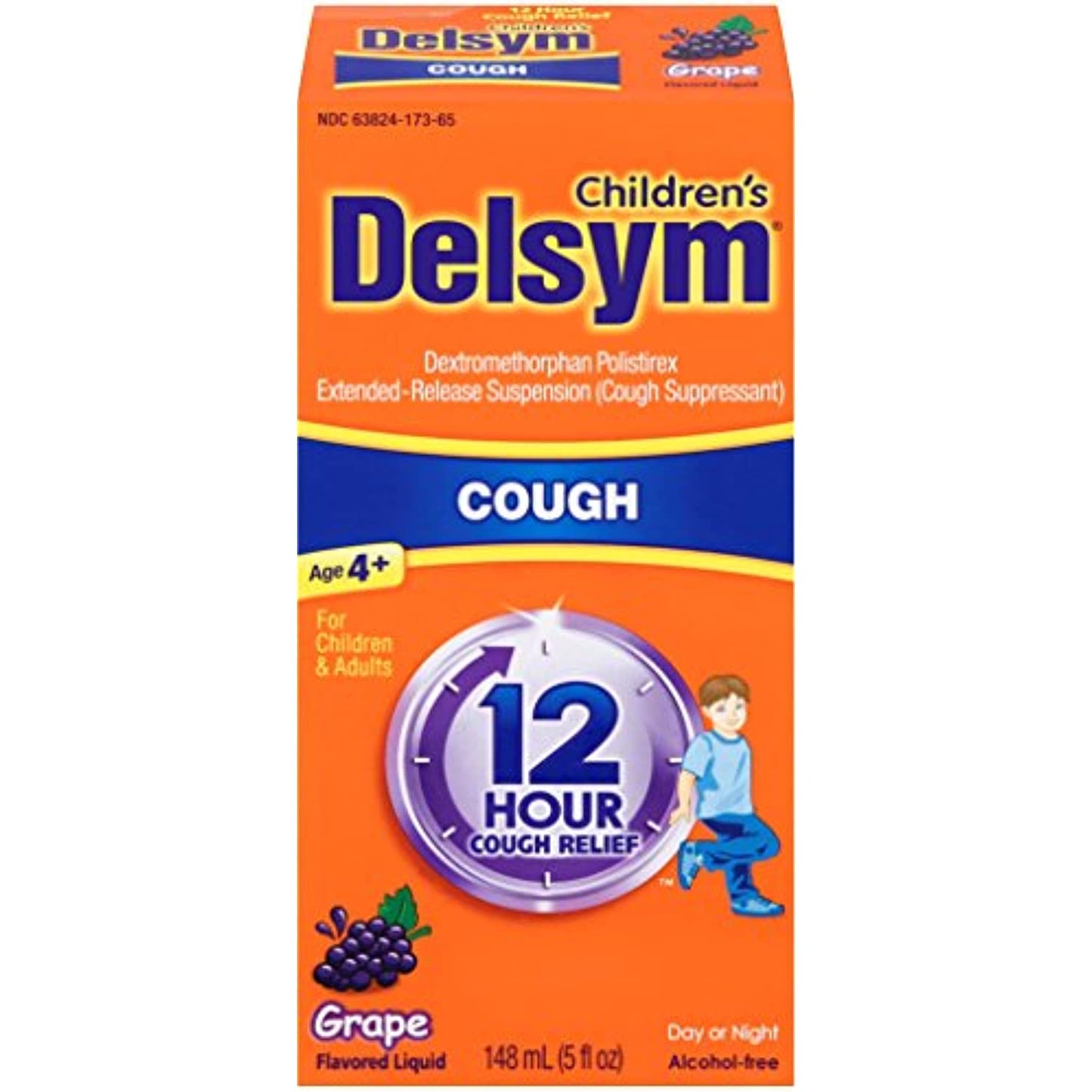 Children's Delsym 12 Hour Cough Relief Liquid- Day or Night Grape Cough Medicine With Dextromethorphan Helps Quiet Cough By Supressing Cough Reflex, 5 oz.