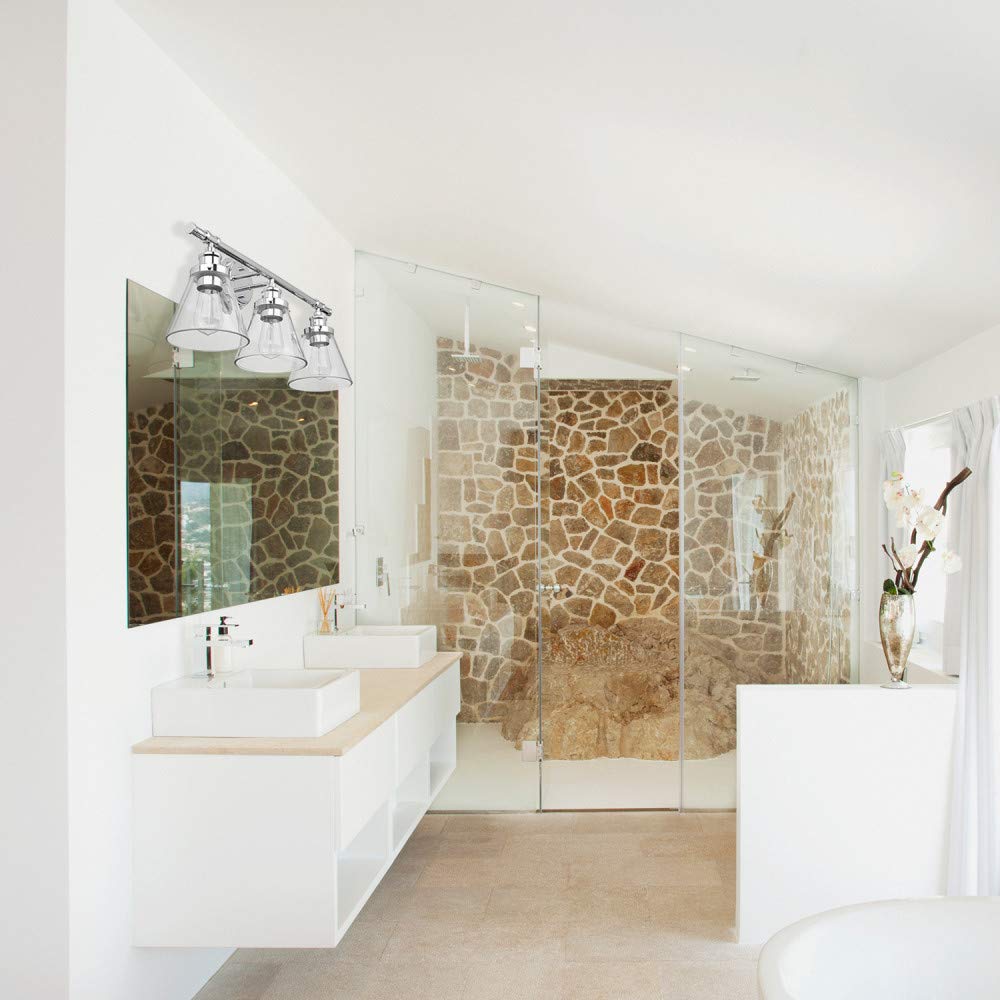 Globe Electric 51234 Parker 5-Piece All-In-One Bathroom Set, Chrome, 3-Light Vanity Light with Clear Glass Shades, Towel Bar, Towel Ring, Robe Hook, Toilet Paper Holder