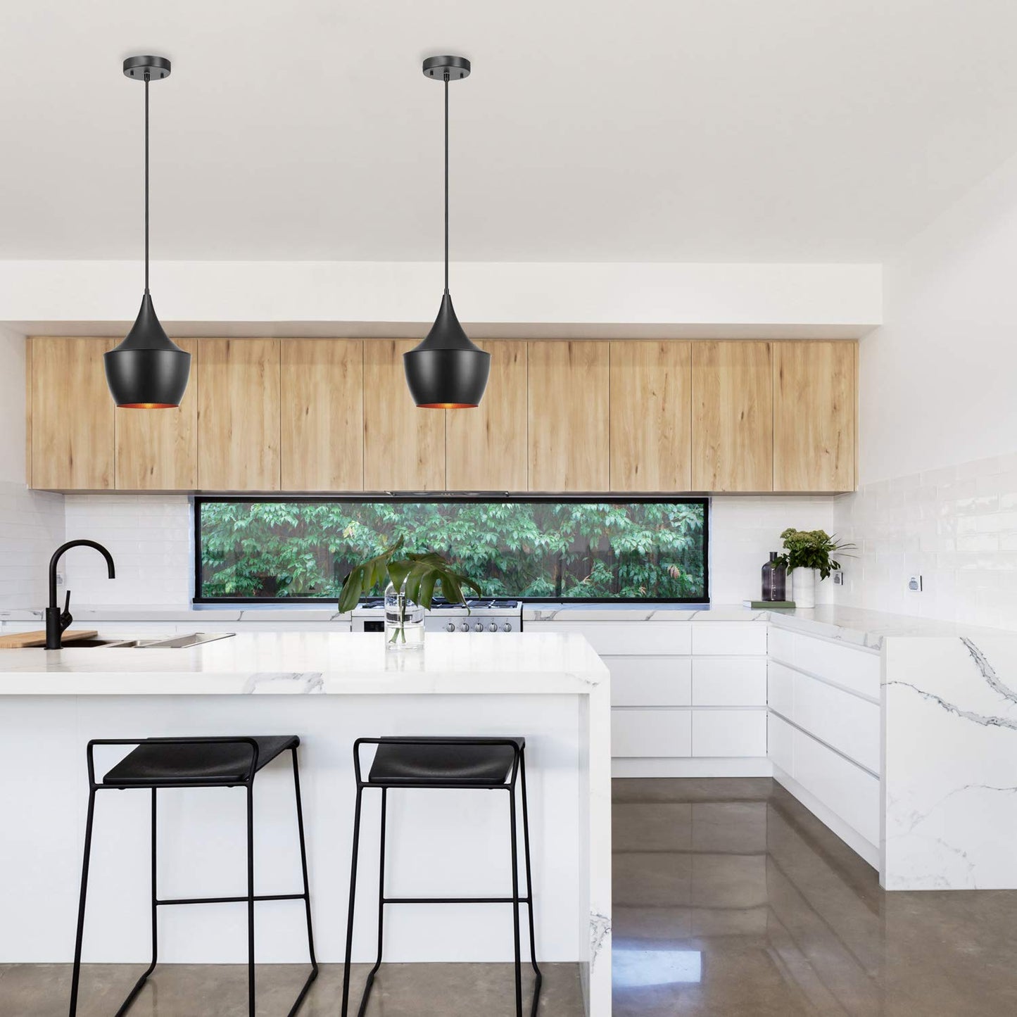 Globe Electric Flo 1-Light Pendant, Matte Black, Gold Interior 63871