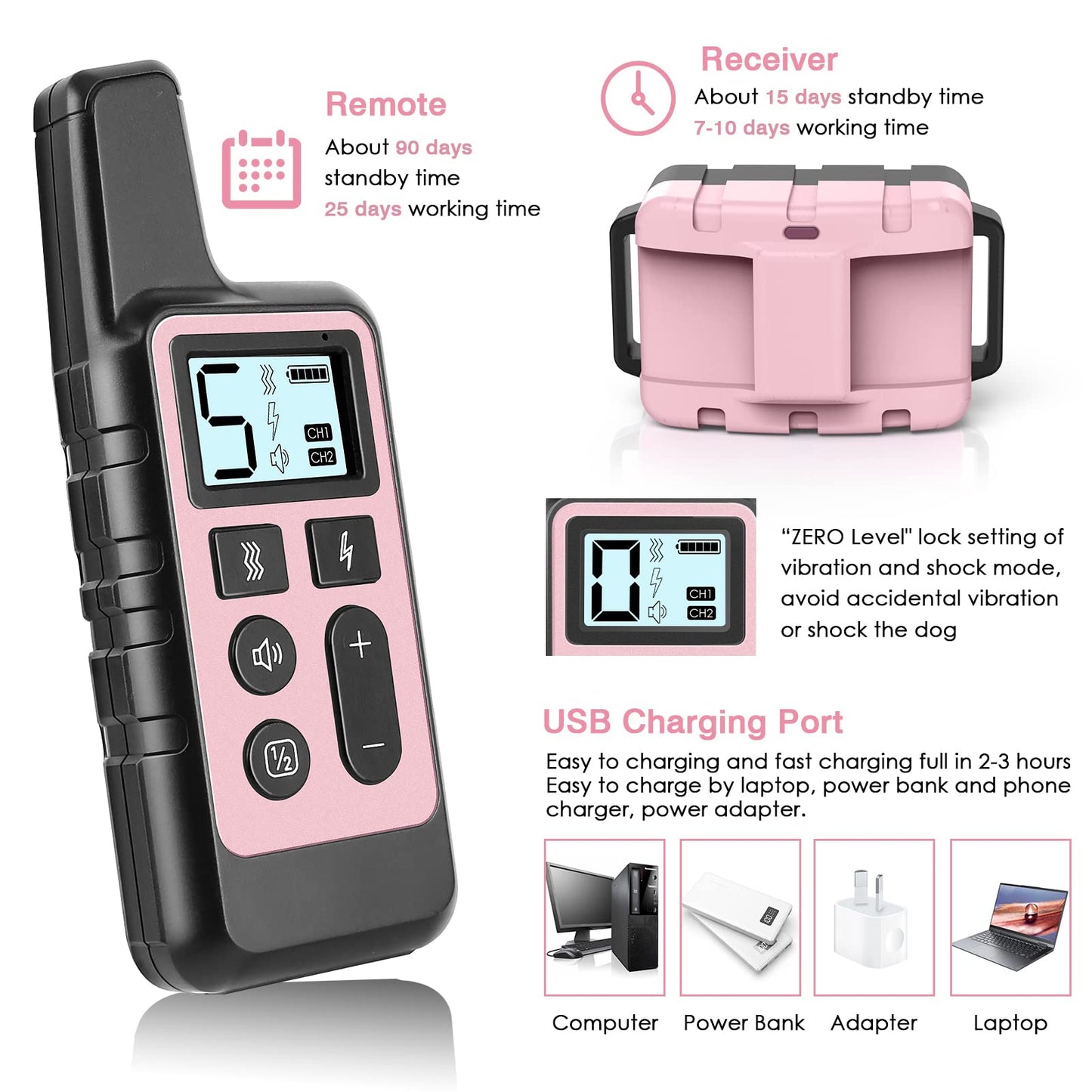 HKZOOI Dog Training Collar, Waterproof Shock Collars for Dog with Remote Range 1640 ft, 3 Training Modes, Beep, Vibration and Shock, Electric Dog Collar for Small Medium Large Dogs (Pinks)