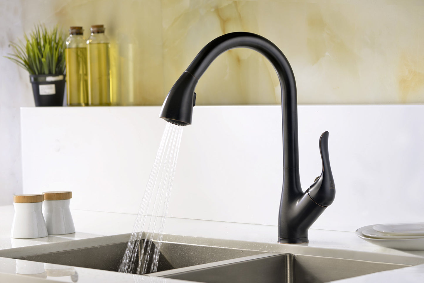 ANZZI Accent Single Handle Pull Down Solid Brass Kitchen Faucet in Oil Rubbed Bronze | cUPC Certified Commercial Stainless Steel Sink Dual Setting Motion 360 Degree Turning Spout Sprayer | KF-AZ031ORB