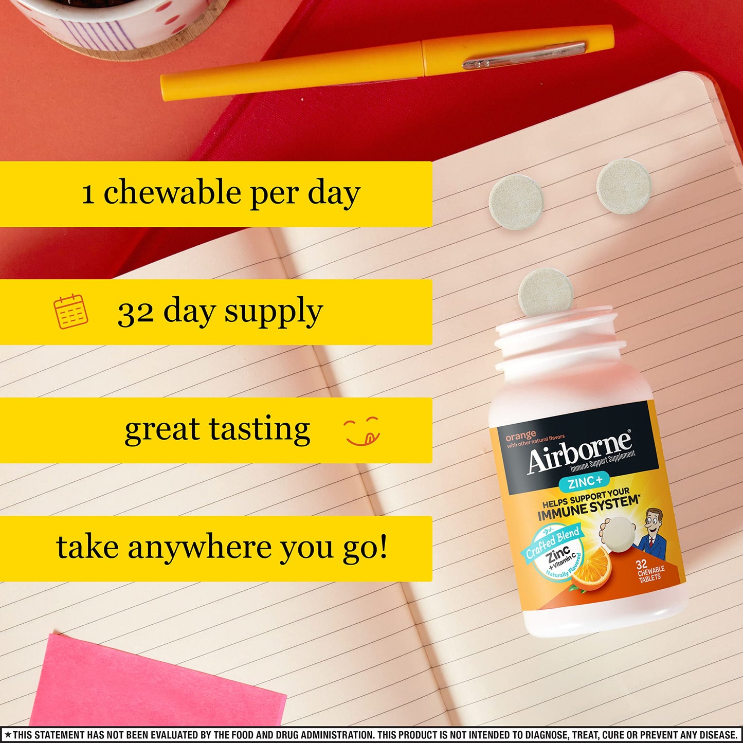 Airborne Zinc + Vitamin C Immune Support 32 Chewable Tablets, EXP 5/2023