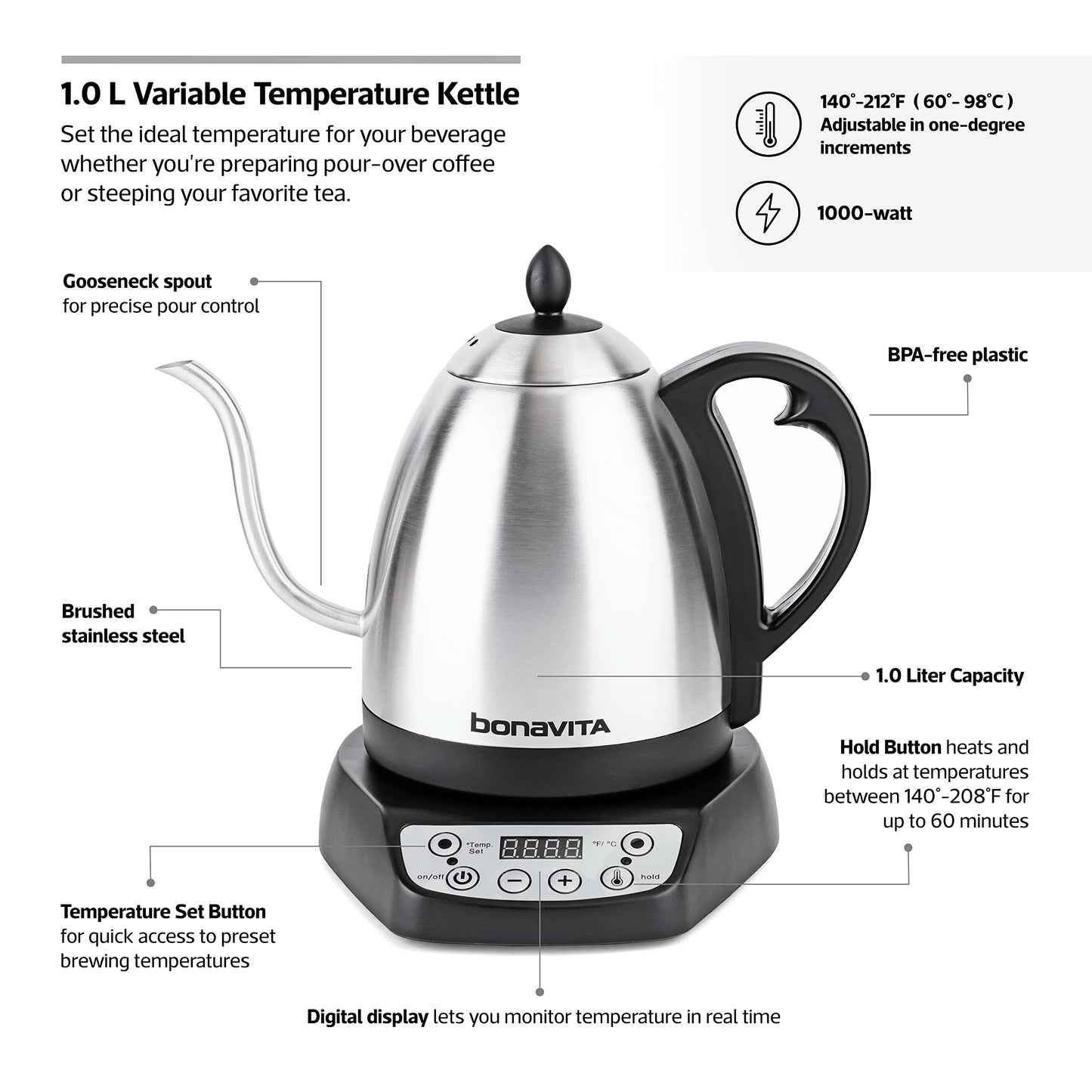 Bonavita 1L Digital Variable Temp Gooseneck Electric Kettle Stainless Steel NEW