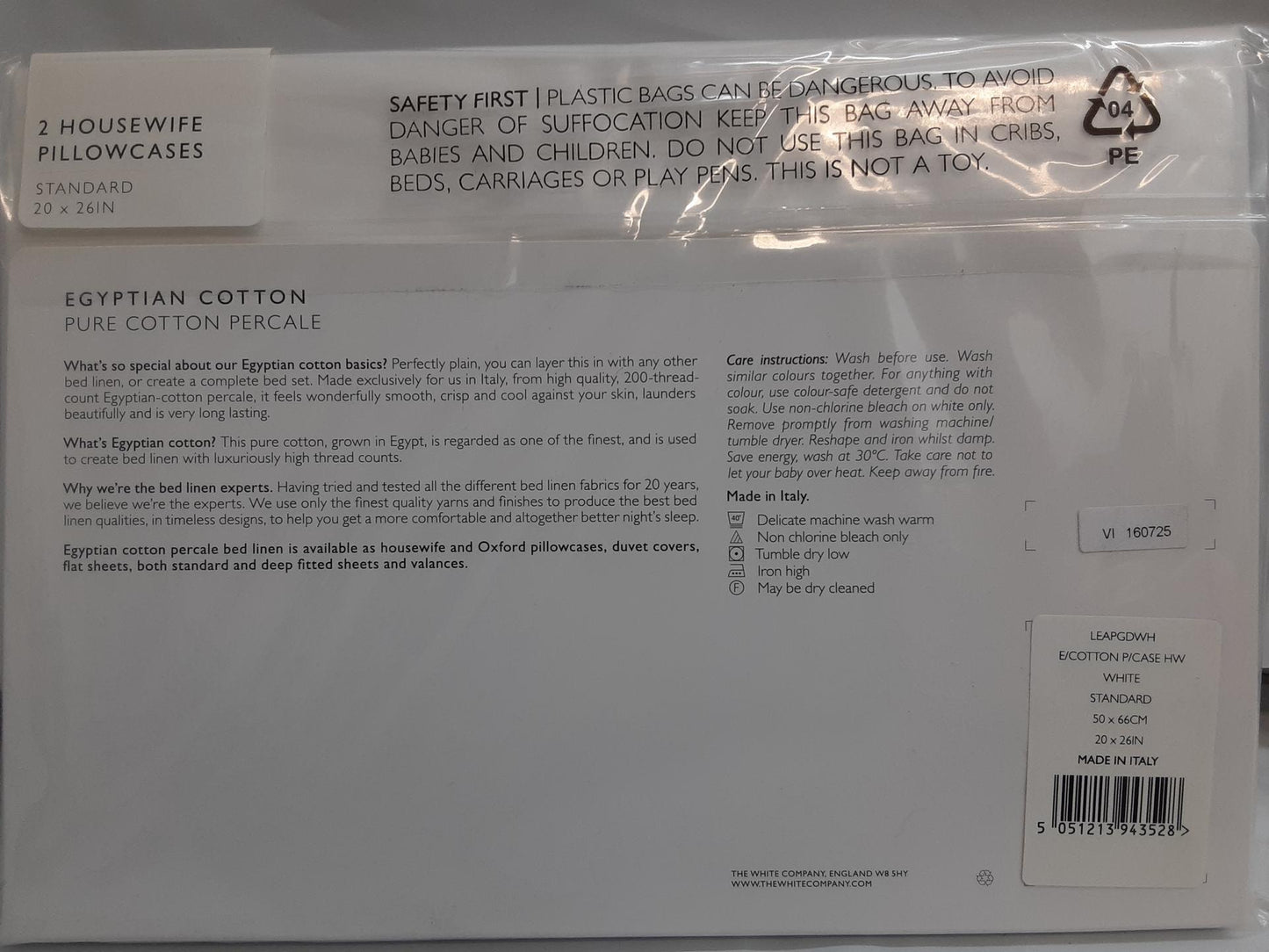 The White Company 100% Cotton, Standard Housewife, 2 White Pillowcases 20" x26"