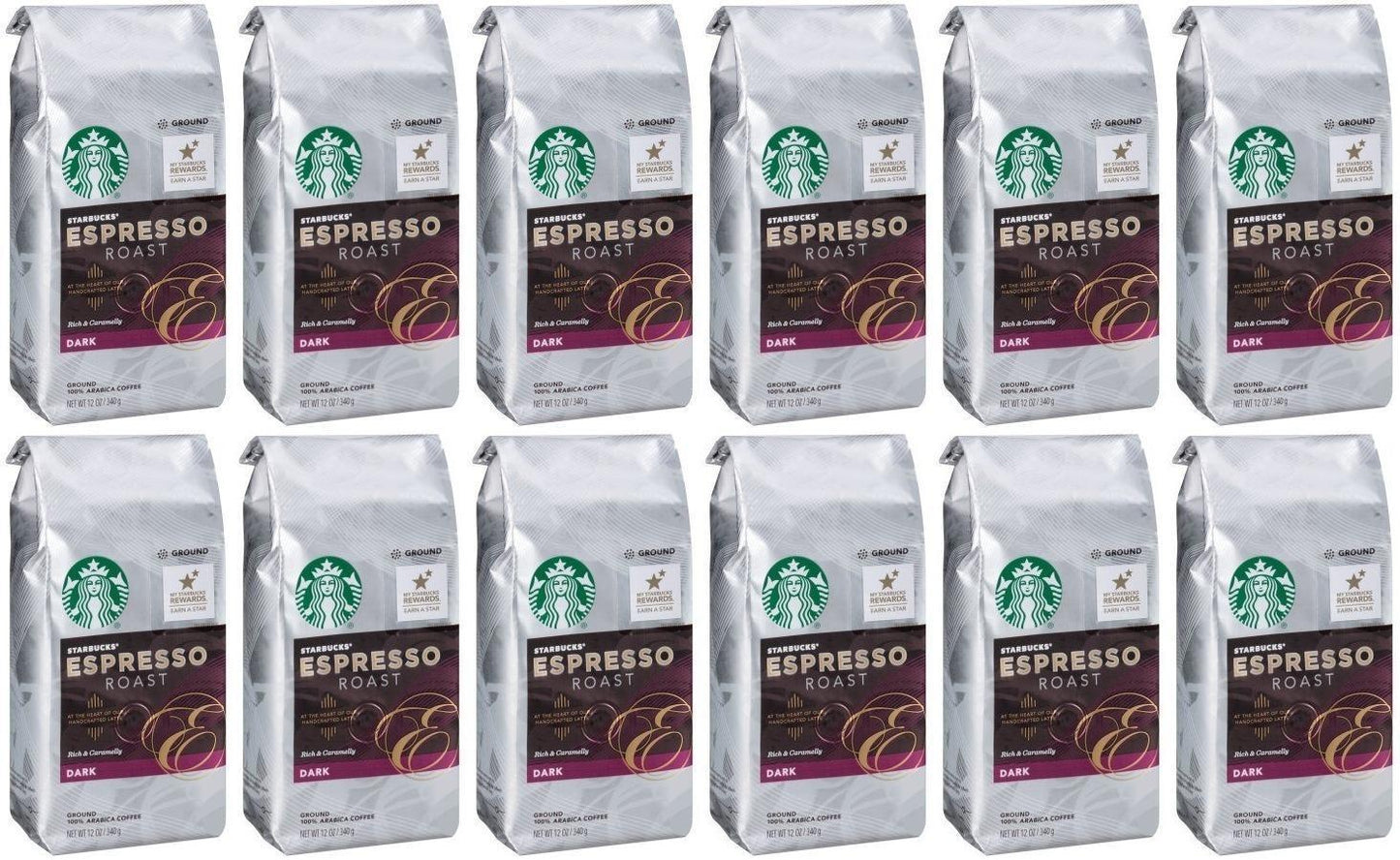 12 PACK Starbucks Espresso Dark Roast Ground Coffee Best Before 1/2021