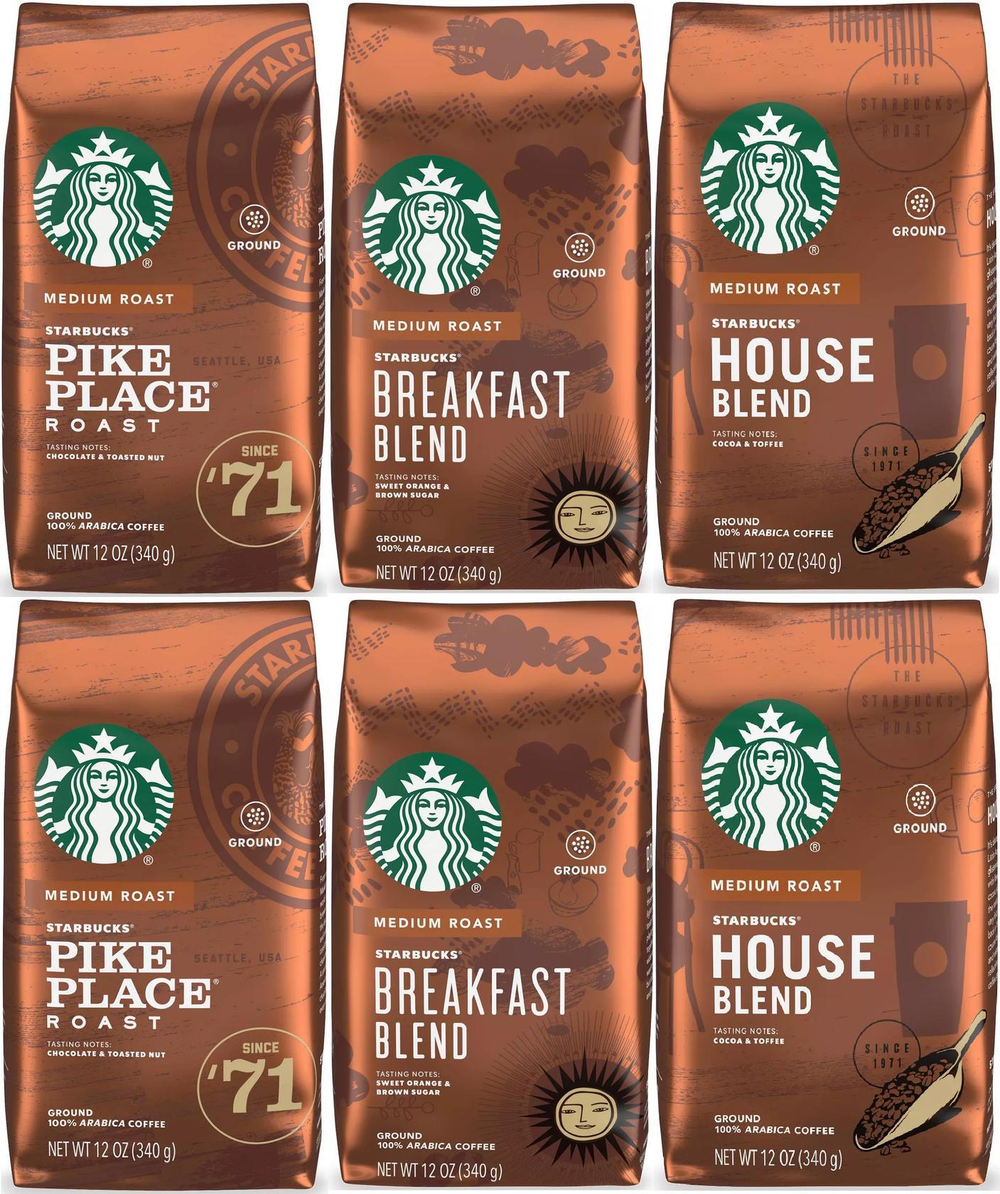 6 PACK Starbucks Variety Pike, Breakfast, House Ground Coffee 12oz EA BBD 2/2021