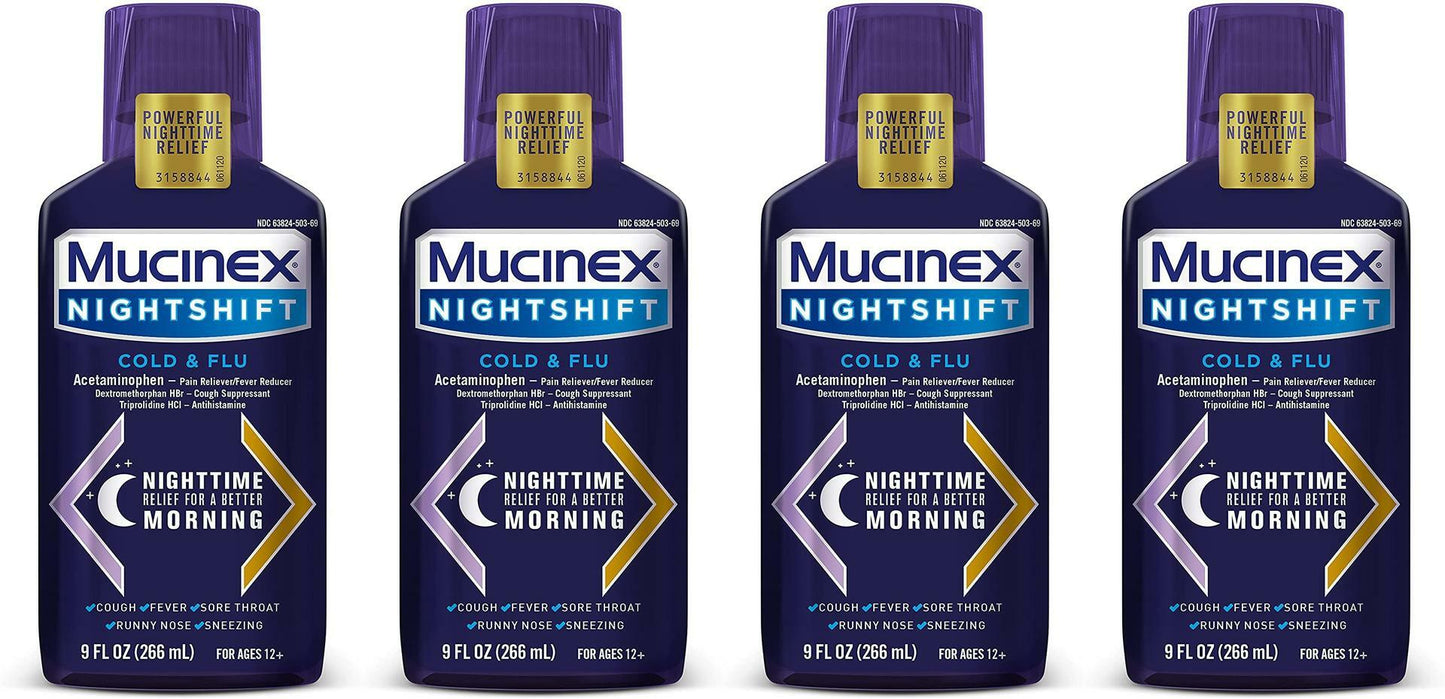 4 Pack Mucinex Nightshift Cold & Flu Liquid, 9 Fl Oz EXP 11/2021
