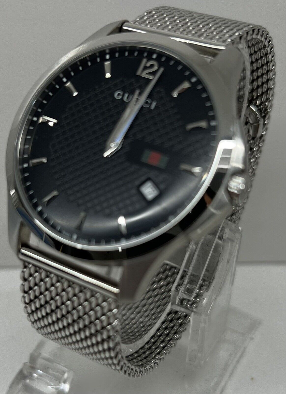 Gucci G-Timeless 40mm Steel Mesh Bracelet Black Dial Quartz Mens Watch YA126308