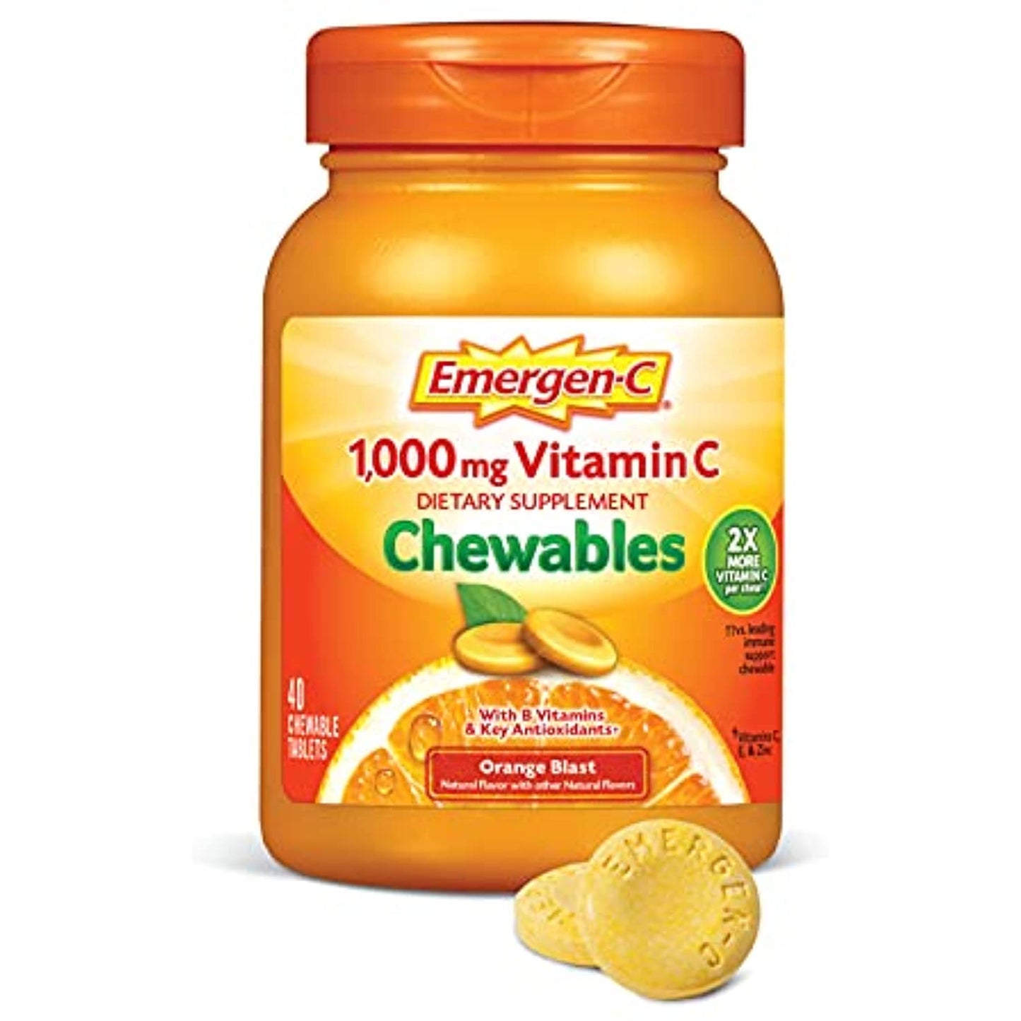 Emergen-C Chewable Vitamin C 1000mg, With B Vitamins And Antioxidants Tablet (40 Count, Orange Blast Flavor), Dietary Supplement