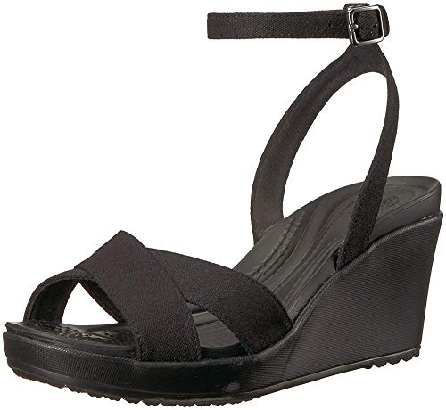 Crocs Women's Leigh II Cross-Strap Ankle Wedge Sandal, Black/Black, 7 M US
