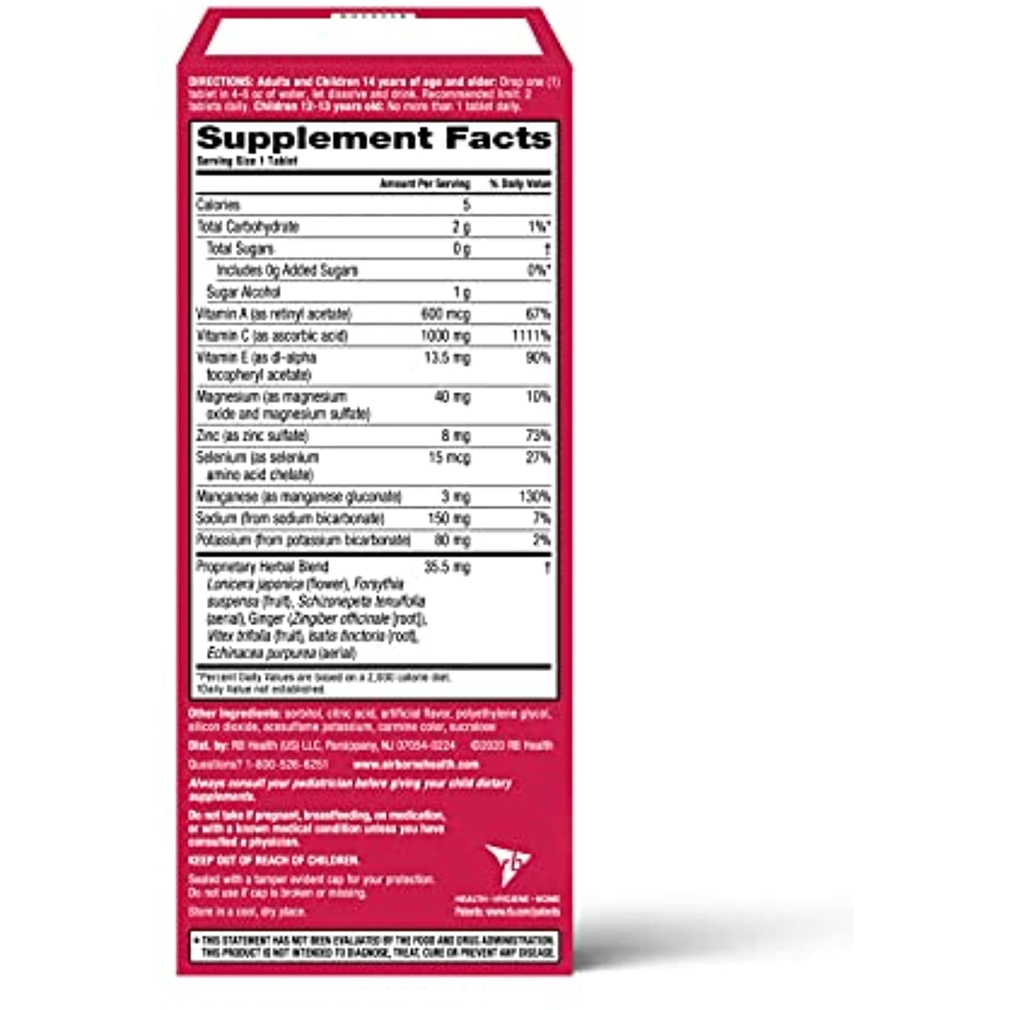 Airborne Vitamin C 1000mg (per serving) - Very Berry Effervescent Tablets (36 count in a box), Gluten-Free Immune Support Supplement, With Vitamins A C E, ZINC, Selenium, Echinacea & Ginger