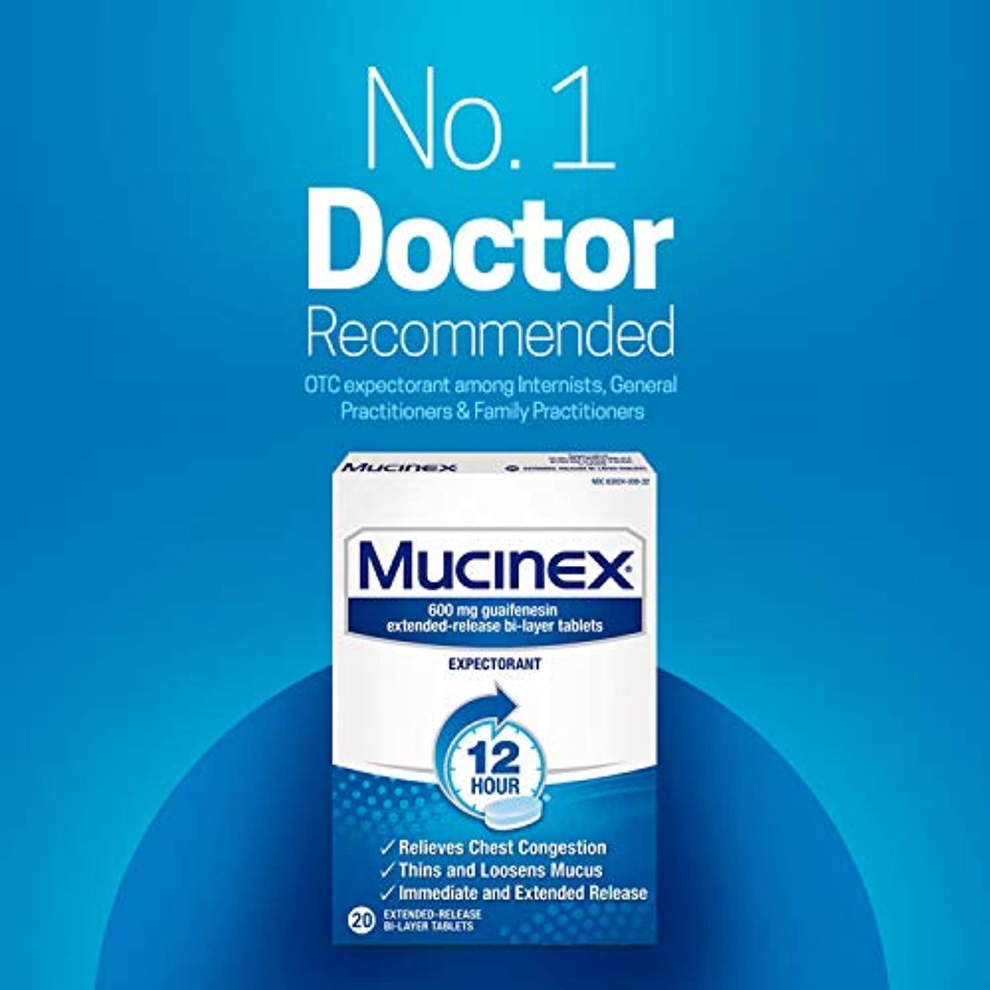 Chest Congestion, Mucinex Expectorant 12 Hour Extended Release Tablets, 20ct, 600mg Guaifenesin with Extended Relief of Chest Congestion Caused by Excess Mucus. Thins and Loosens Mucus