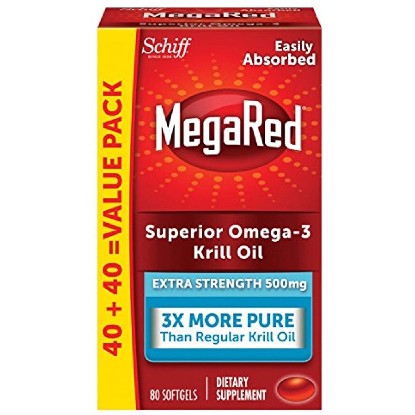 MegaRed 500mg Extra Strength Omega-3 Krill Oil (80 Count) No Box 1/2023
