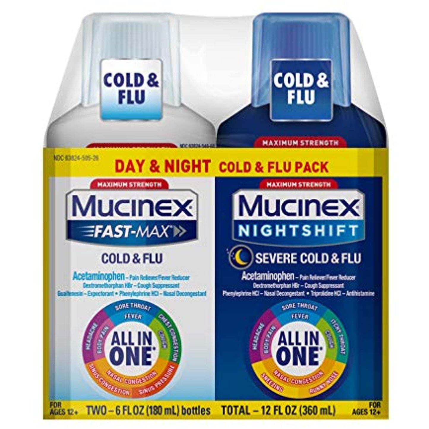 Mucinex Maximum Strength Fast-Max Cold & Flu and Nightshift, All-in-One Multi Symptom Relief Liquid, 6 Fl Oz (Pack of 2)