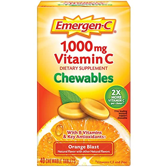 Emergen-C Chewable Vitamin C 1000mg, With B Vitamins And Antioxidants Tablet (40 Count, Orange Blast Flavor), Dietary Supplement
