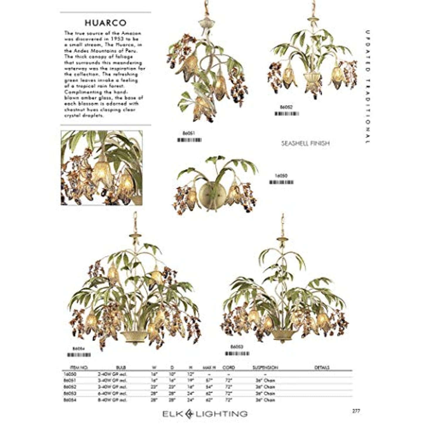 ELK Lighting Huarco 6-Light Chandelier, Seashell/Amber Glass -DENTED, SOLD AS IS