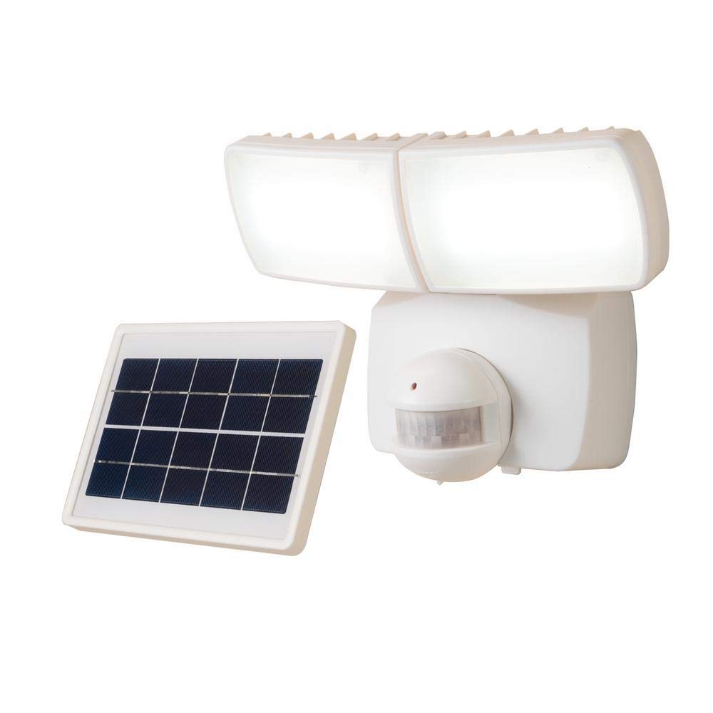 Defiant 180-Degree White 90-Watt Equivalent Motion Activated Outdoor Solar Powered Integrated LED Twin Head Flood Light