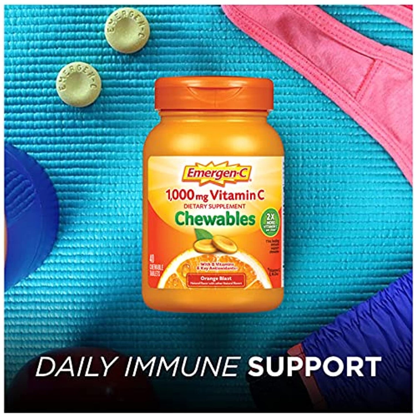 Emergen-C Chewable Vitamin C 1000mg, With B Vitamins And Antioxidants Tablet (40 Count, Orange Blast Flavor), Dietary Supplement