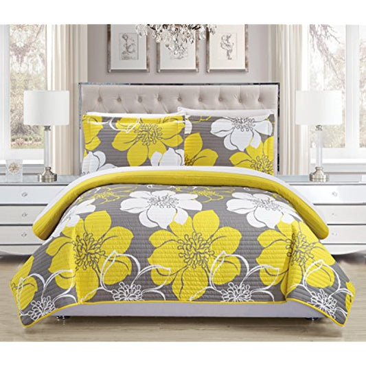 Chic Home Design, Woodside Heat Press Quilt Sets 1 quilt/ 2 shams, Floral Yellow