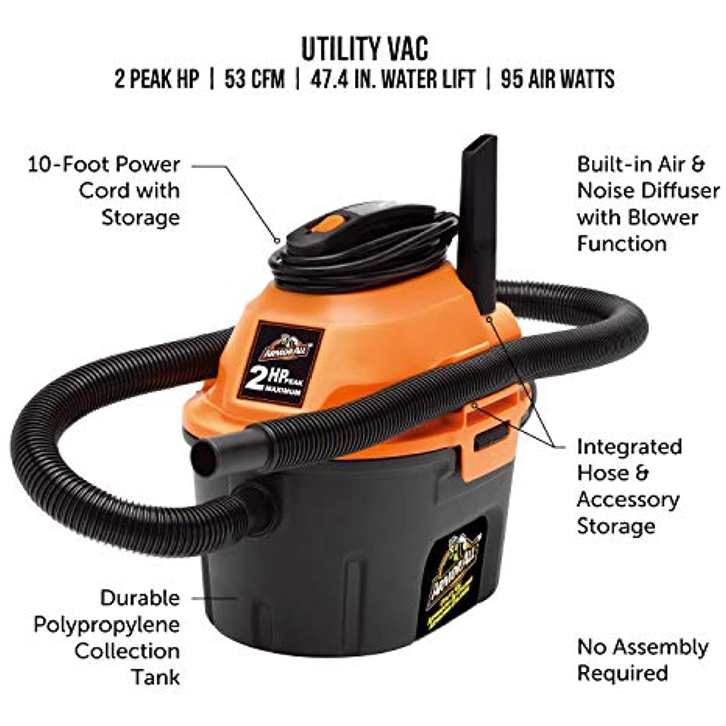 Armor All, AA255 , 2.5 Gallon Wet/Dry Utility Shop Vacuum- MISSING HOSE-