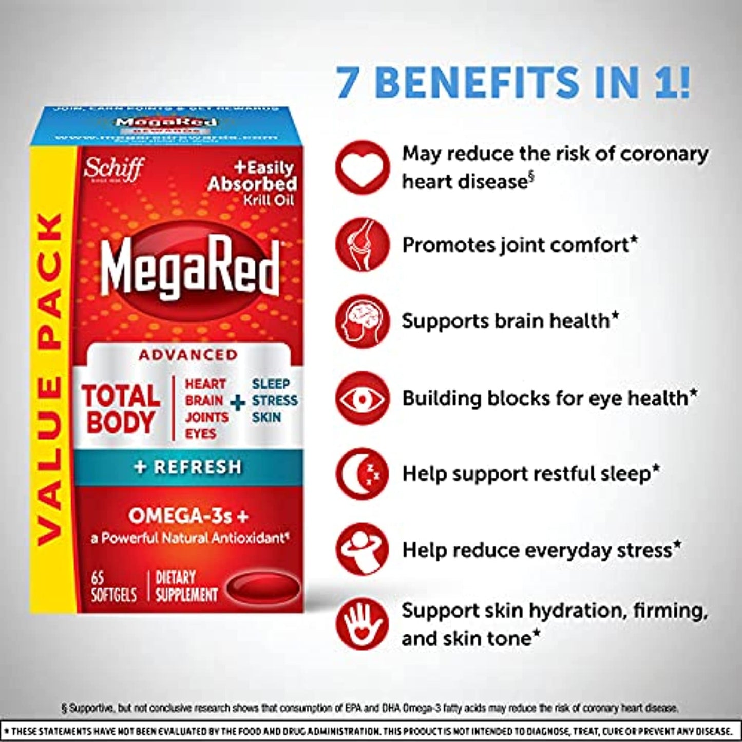 Omega-3 Blend Total Body + Refresh 500mg Softgels, MegaRed (65 count in a bottle), Easily Absorbed Krill Oil, To Support Your Heart, Joints, Brain & Eyes