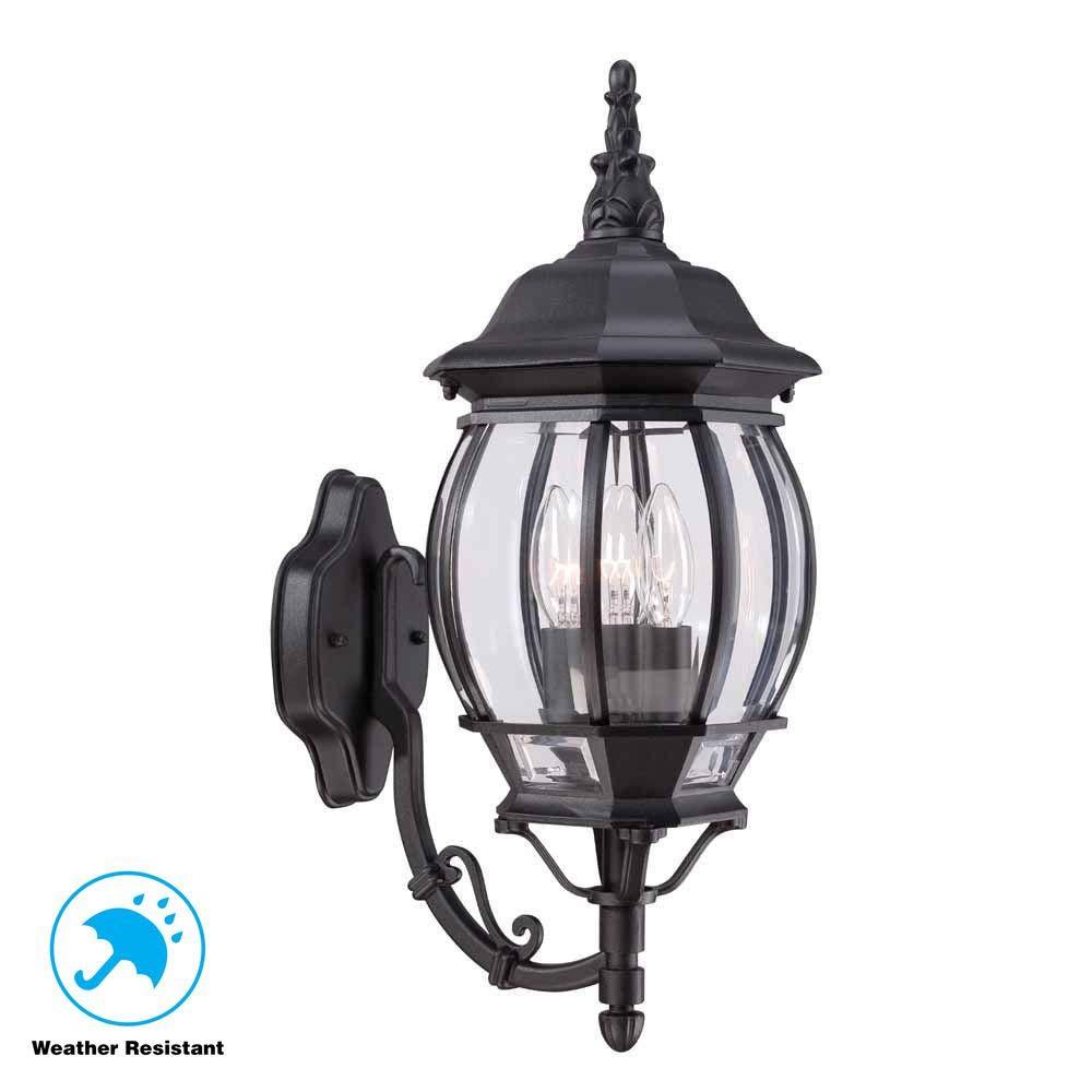 3-Light Outdoor Black Wall Lantern with Clear Beveled Glass