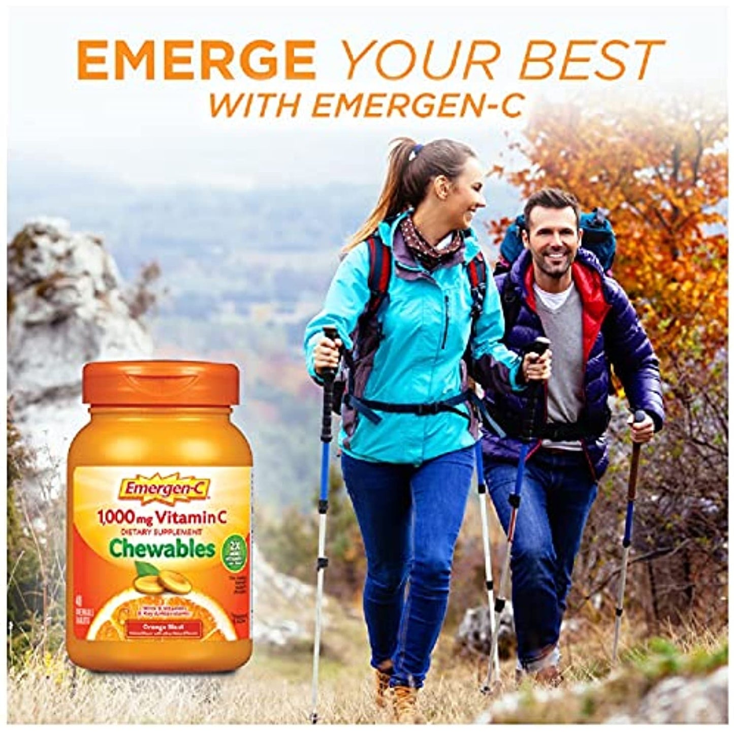Emergen-C Chewable Vitamin C 1000mg, With B Vitamins And Antioxidants Tablet (40 Count, Orange Blast Flavor), Dietary Supplement