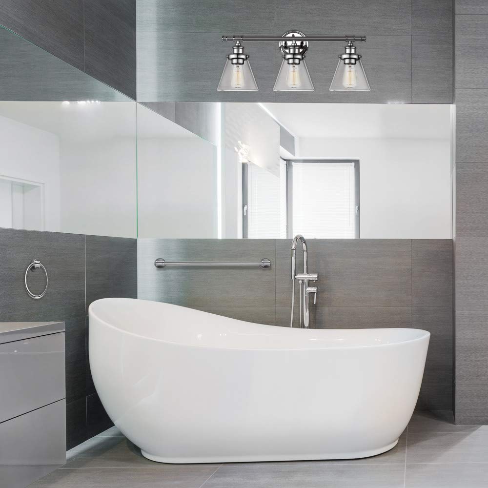 Globe Electric 51234 Parker 5-Piece All-In-One Bathroom Set, Chrome, 3-Light Vanity Light with Clear Glass Shades, Towel Bar, Towel Ring, Robe Hook, Toilet Paper Holder