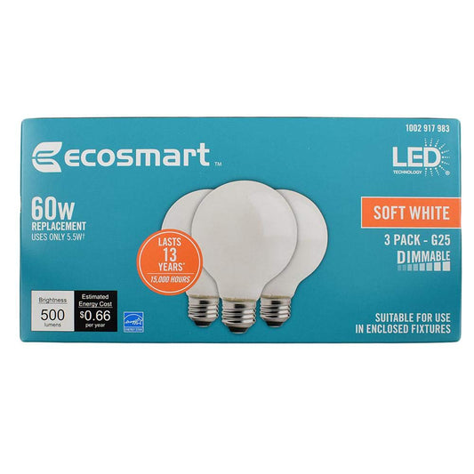 EcoSmart 60W Equivalent Soft White G25 LED Light Bulb Medium Base Frosted Style Filament