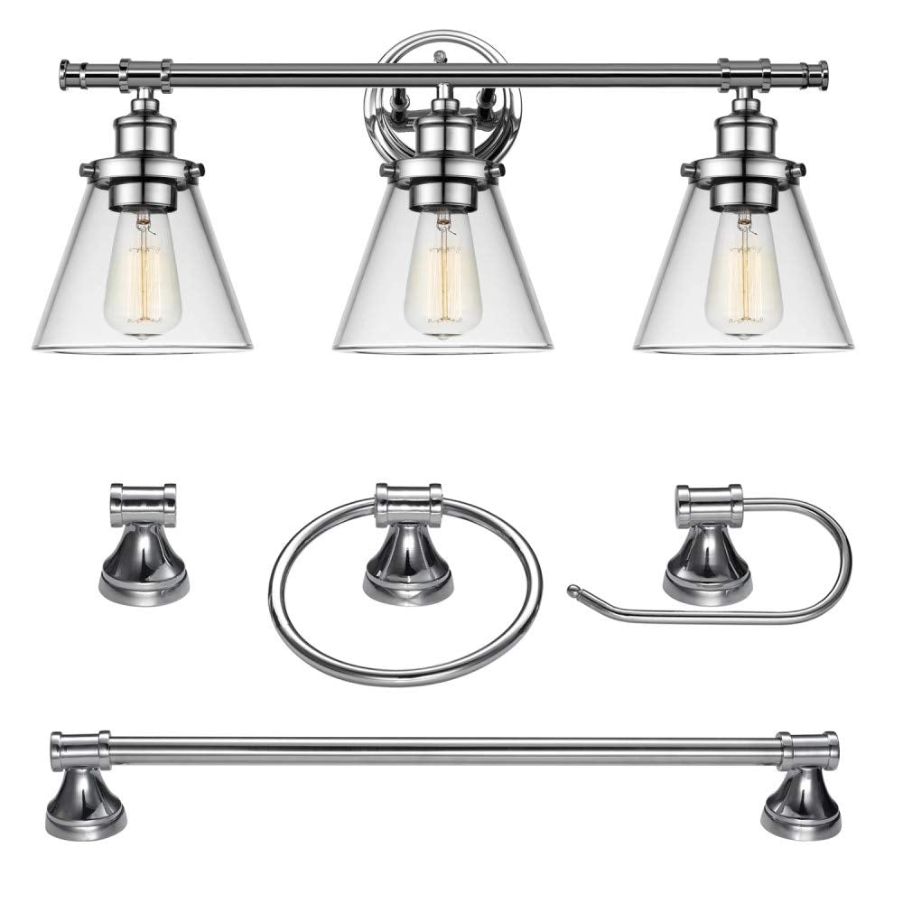 Globe Electric 51234 Parker 5-Piece All-In-One Bathroom Set, Chrome, 3-Light Vanity Light with Clear Glass Shades, Towel Bar, Towel Ring, Robe Hook, Toilet Paper Holder