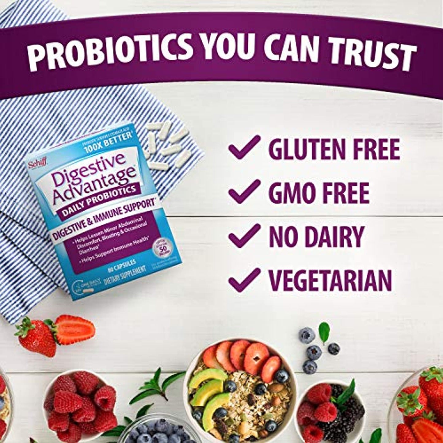 Daily Probiotic Capsule - Digestive Advantage (50 count in a box), Survives 100x Better Than Regular 50 Billion CFU, Lessen Minor Abdominal Discomfort, Bloating & Occasional Diarrhea