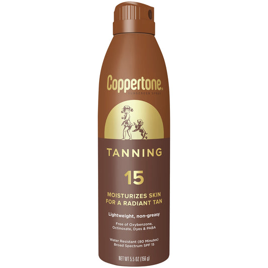 Coppertone Tanning Sunscreen Spray, Water Resistant Spray Sunscreen SPF 15, Broad Spectrum SPF 15 Sunscreen, 5.5 Oz Spray