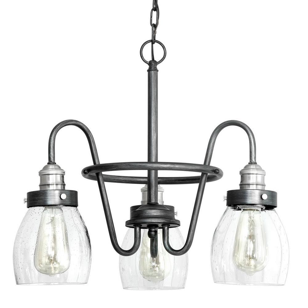 Crofton 3-Light Rustic Pewter Chandelier w Brushed Nickel Accents & Seeded Glass