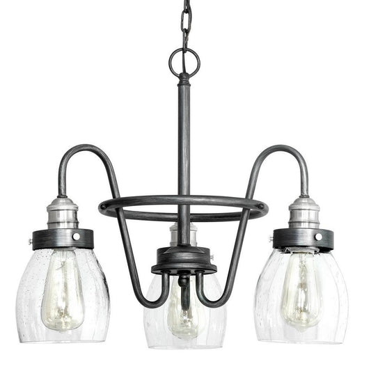 Crofton 3-Light Rustic Pewter Chandelier w Brushed Nickel Accents & Seeded Glass