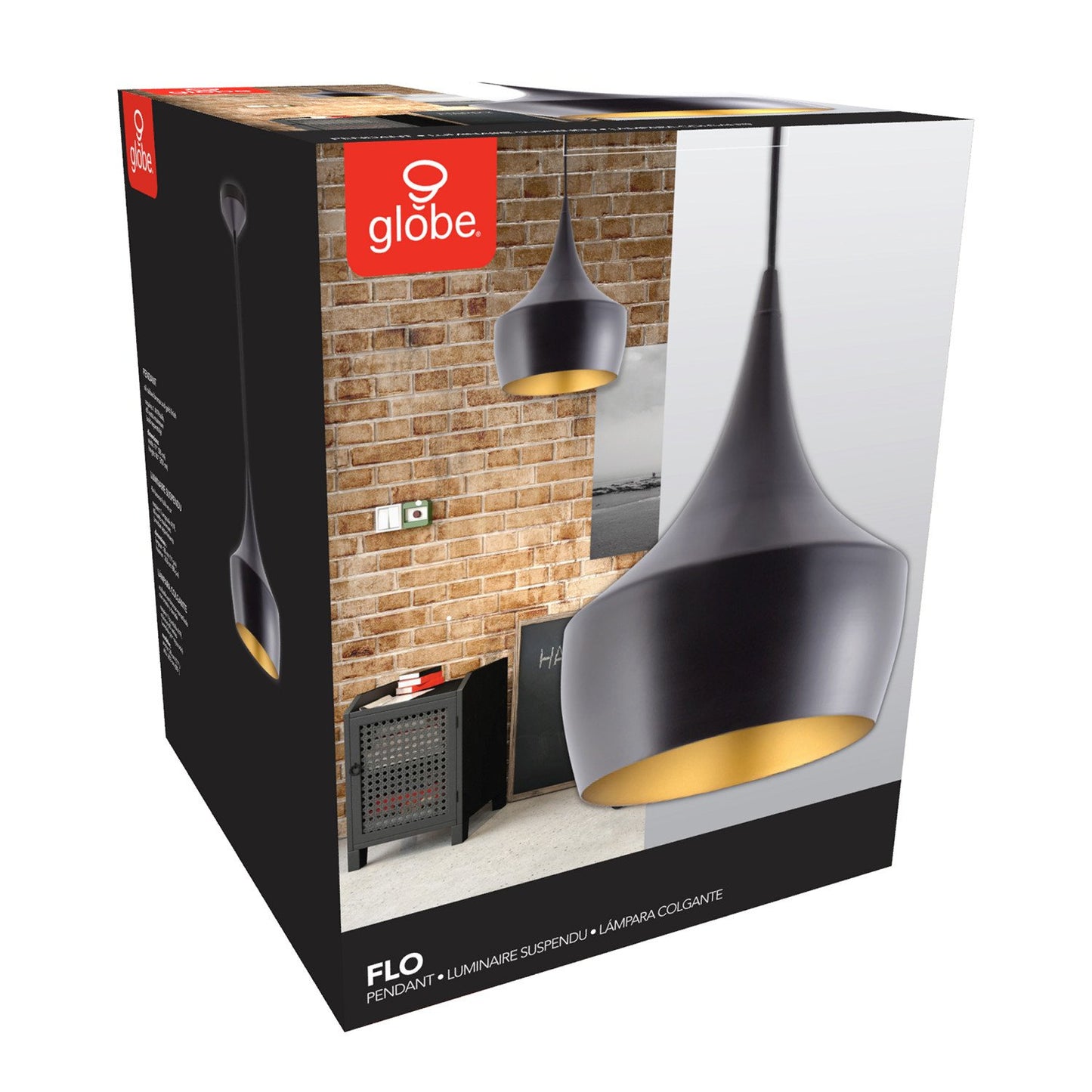 Globe Electric Flo 1-Light Pendant, Matte Black, Gold Interior 63871