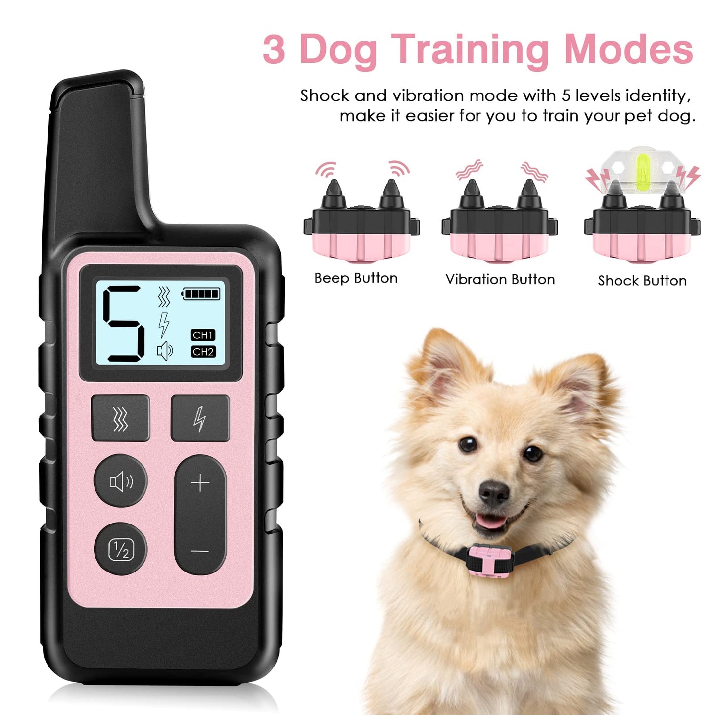 HKZOOI Dog Training Collar, Waterproof Shock Collars for Dog with Remote Range 1640 ft, 3 Training Modes, Beep, Vibration and Shock, Electric Dog Collar for Small Medium Large Dogs (Pinks)