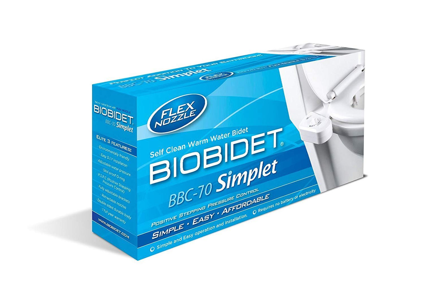 Bio Bidet BB-70 Fresh Spray Non-Electric Bidet Toilet Seat Attachment, Retractable Self Cleaning Nozzle, Brass Inlet Valve Metal Hose, Water Pressure Control, Easy DIY Install White