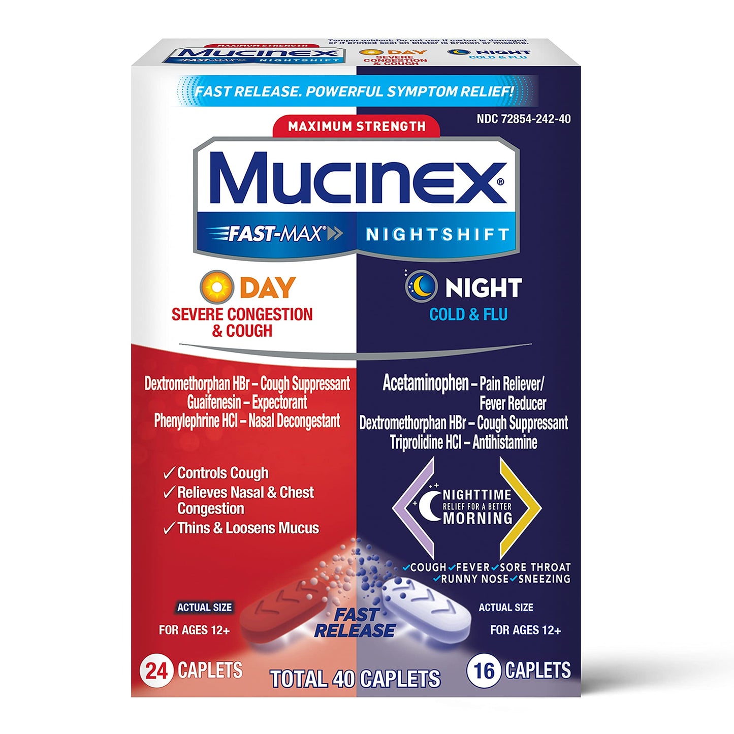 Mucinex 24 Fast Max Daytime and 16 Nightshift - 40 Total Caplets Exp 1/2023