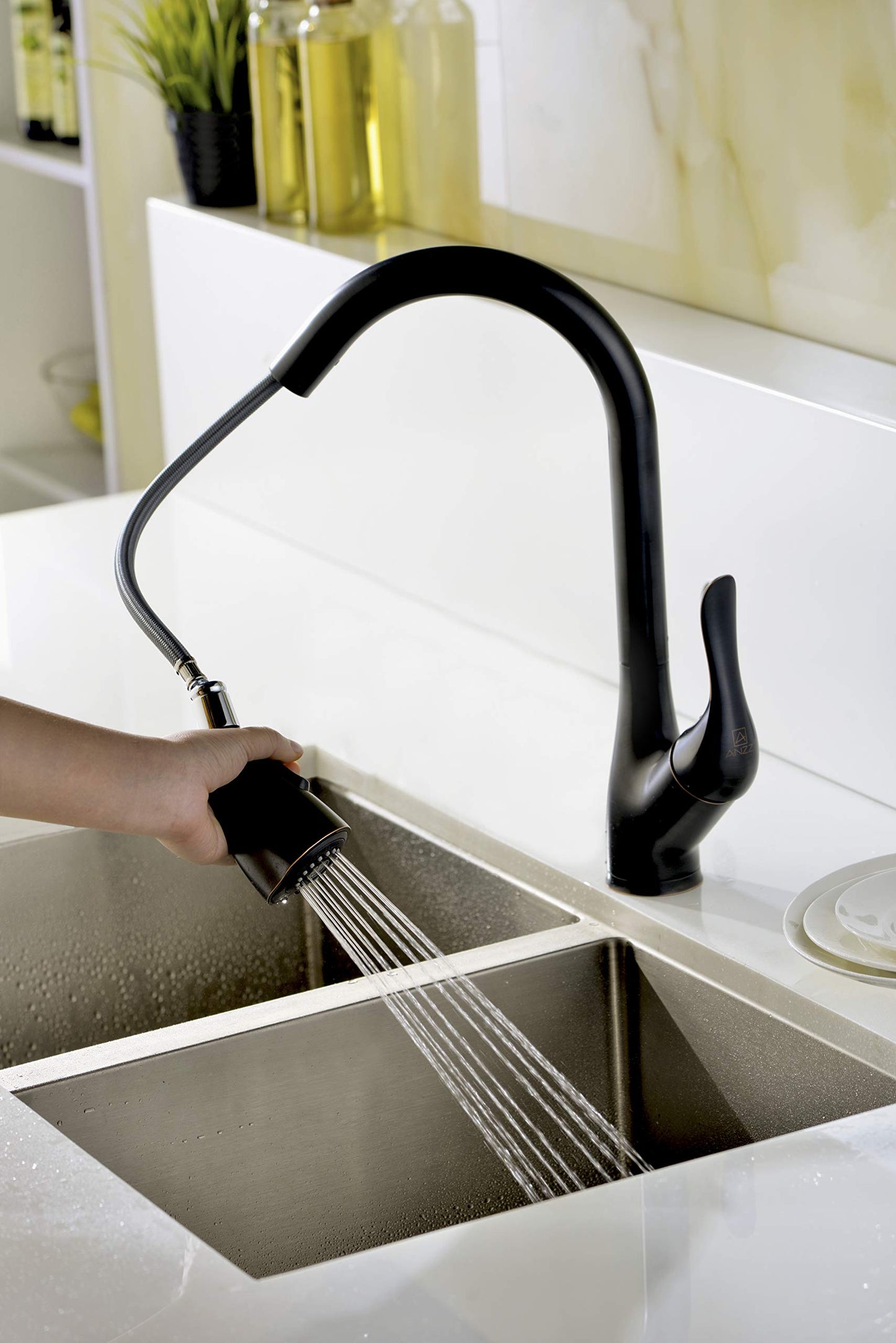 ANZZI Accent Single Handle Pull Down Solid Brass Kitchen Faucet in Oil Rubbed Bronze | cUPC Certified Commercial Stainless Steel Sink Dual Setting Motion 360 Degree Turning Spout Sprayer | KF-AZ031ORB