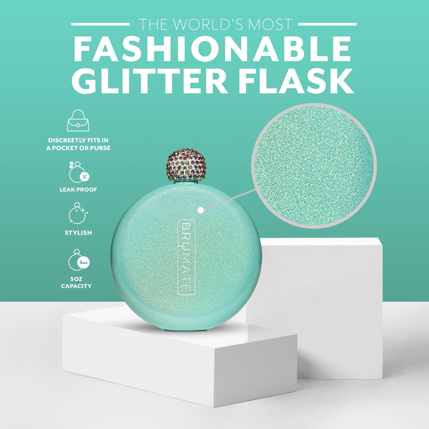 BruMate Glitter Women's Flask - 5oz Stainless Steel Flask for Liquor & Spirits - Pocket & Purse - Cute, Girly - Ideal Gift for Women (Glitter White)